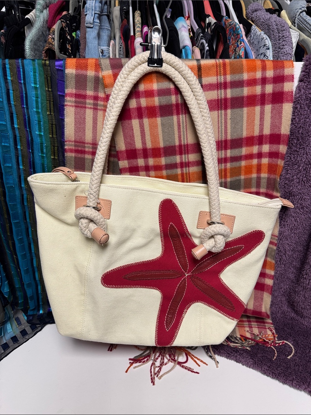 Canvas Tote Bag with Red Starfish Applique Design